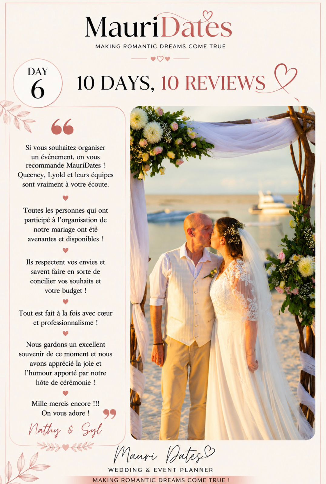 Thank-you note from a couple married on the beach in Mauritius, with a photo of them under the ceremony arch at sunset.